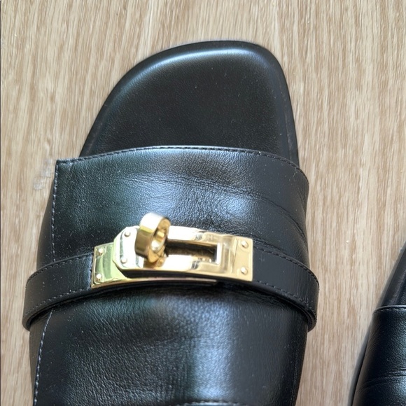 Hermes Giulia Black Slide Sandals with Gold Clasp - Picture 7 of 12